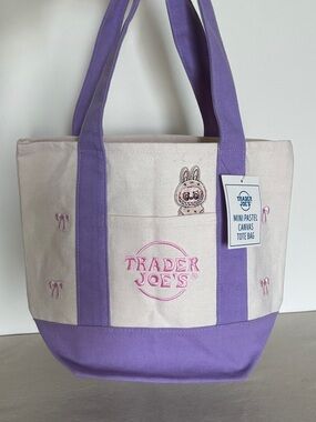 Trader Joe's Custom Pastel Mini Tote Labubu Ribbon Bow Embroidered Tote Purple
